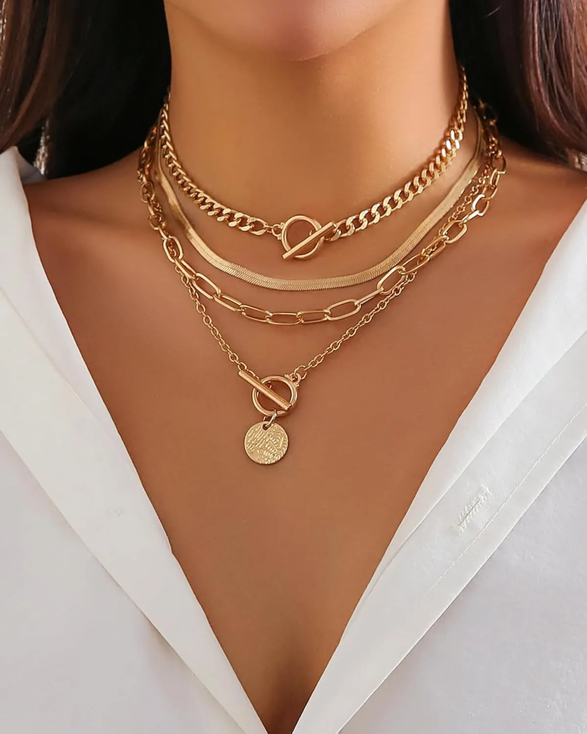 Gold Layered Necklaces for Women Chunky Layered Gold Necklaces Stacked Paperclip Chain Pearl Necklace Herringbone Choker Toggle Clasp Necklace Trendy Jewelry Gifts for Her