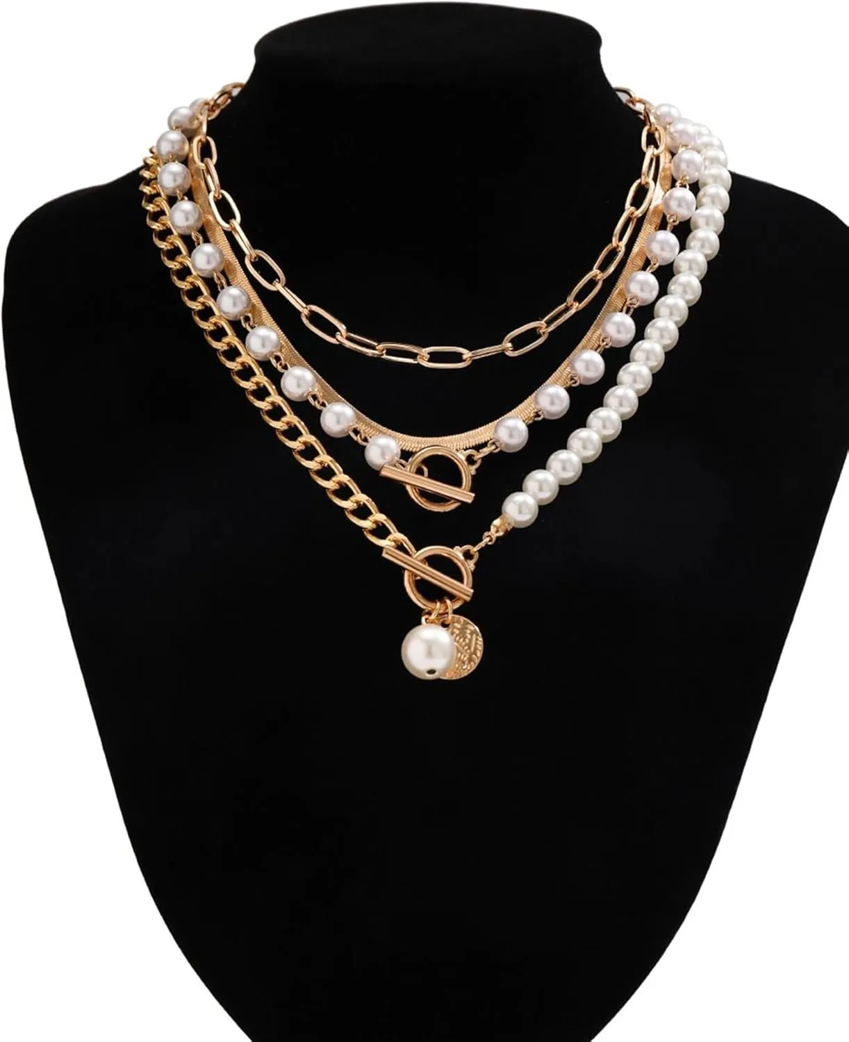 Gold Layered Necklaces for Women Chunky Layered Gold Necklaces Stacked Paperclip Chain Pearl Necklace Herringbone Choker Toggle Clasp Necklace Trendy Jewelry Gifts for Her