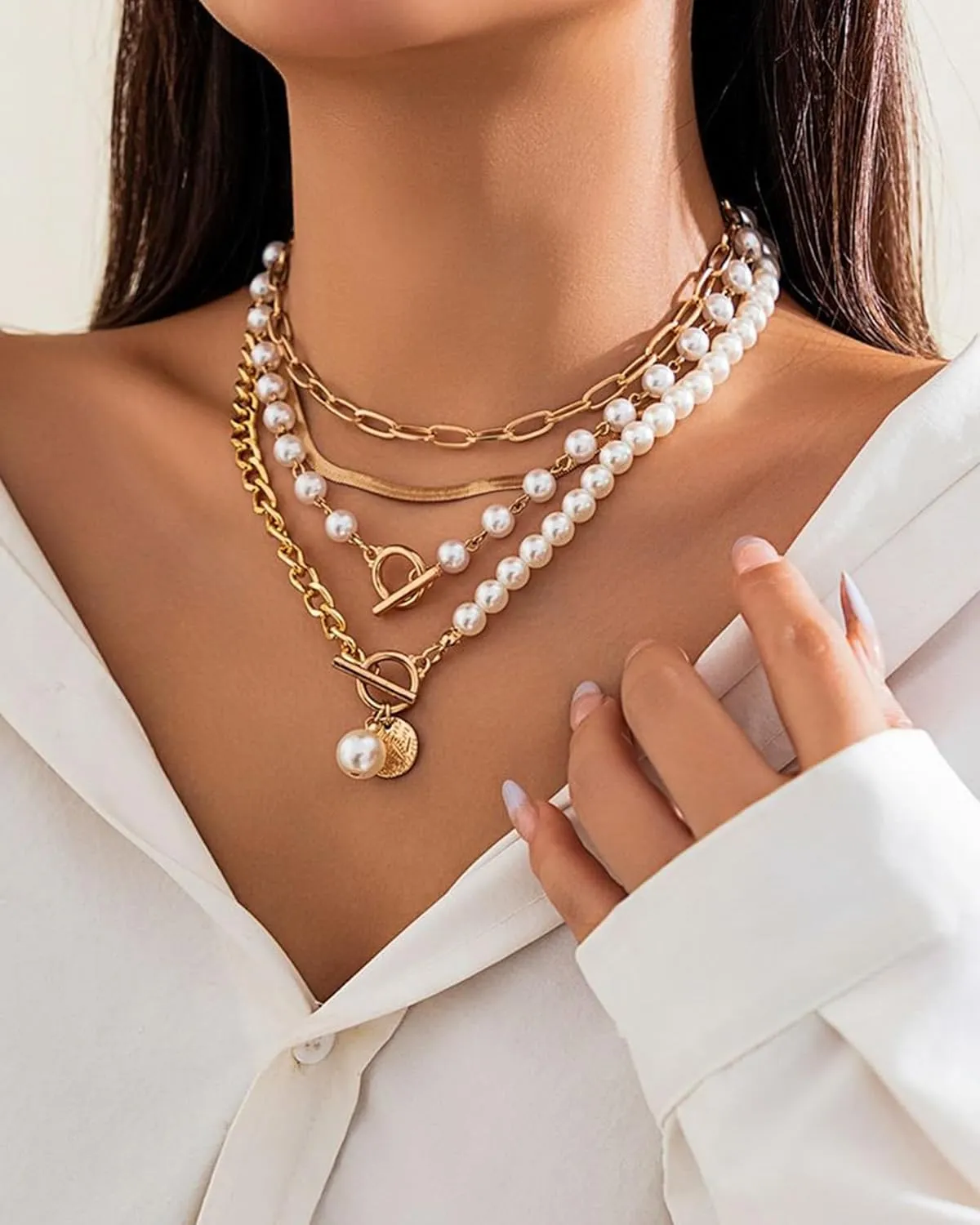 Gold Layered Necklaces for Women Chunky Layered Gold Necklaces Stacked Paperclip Chain Pearl Necklace Herringbone Choker Toggle Clasp Necklace Trendy Jewelry Gifts for Her