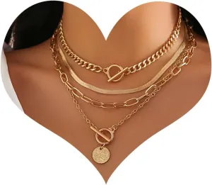 Gold Layered Necklaces for Women Chunky Layered Gold Necklaces Stacked Paperclip Chain Pearl Necklace Herringbone Choker Toggle Clasp Necklace Trendy Jewelry Gifts for Her