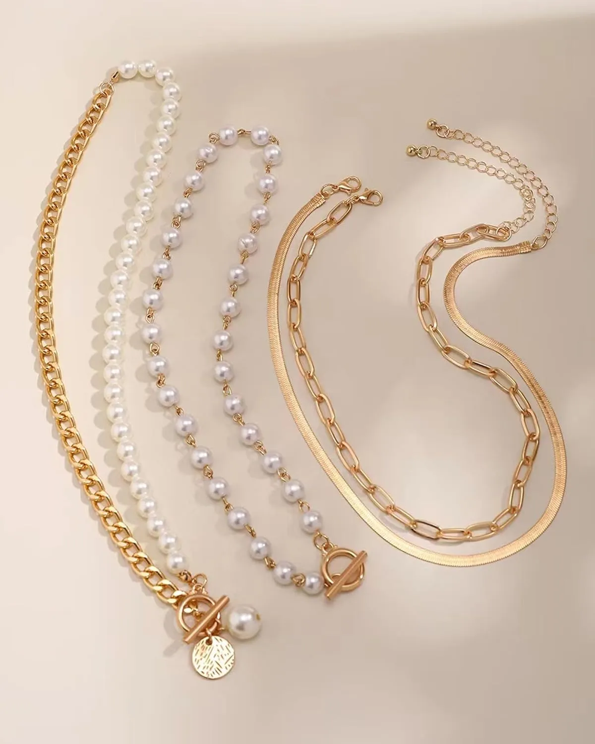 Gold Layered Necklaces for Women Chunky Layered Gold Necklaces Stacked Paperclip Chain Pearl Necklace Herringbone Choker Toggle Clasp Necklace Trendy Jewelry Gifts for Her