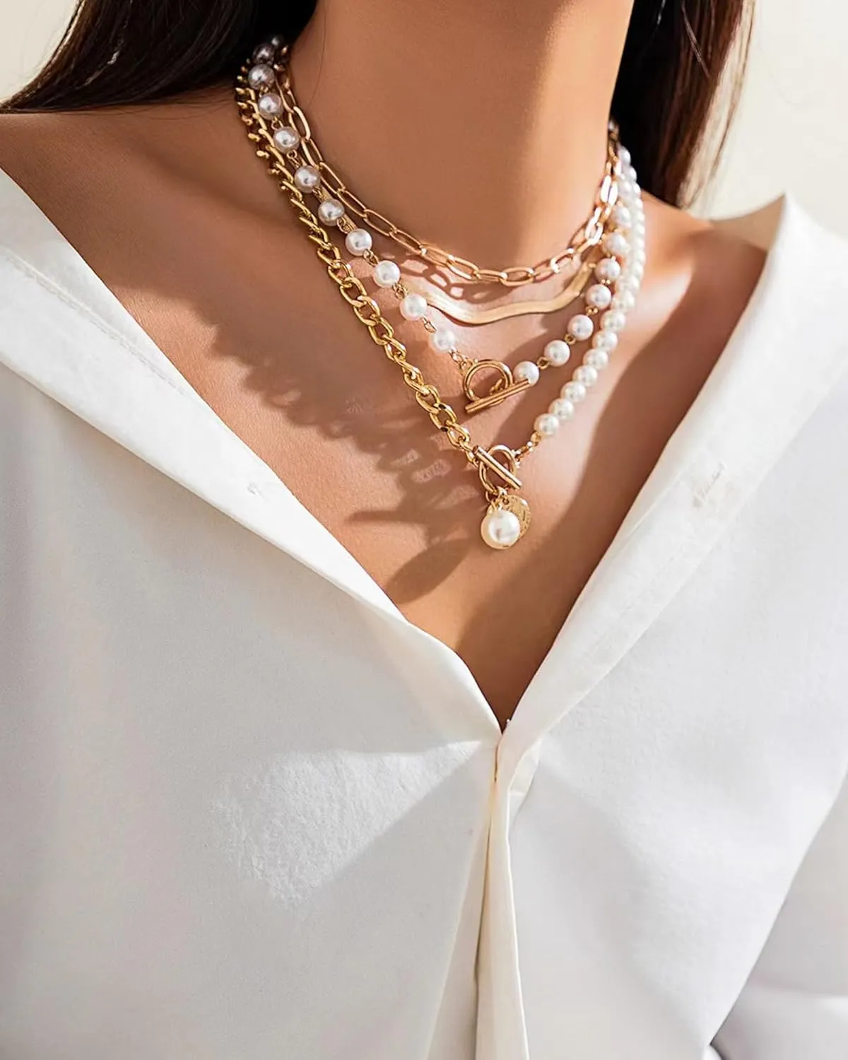 Gold Layered Necklaces for Women Chunky Layered Gold Necklaces Stacked Paperclip Chain Pearl Necklace Herringbone Choker Toggle Clasp Necklace Trendy Jewelry Gifts for Her