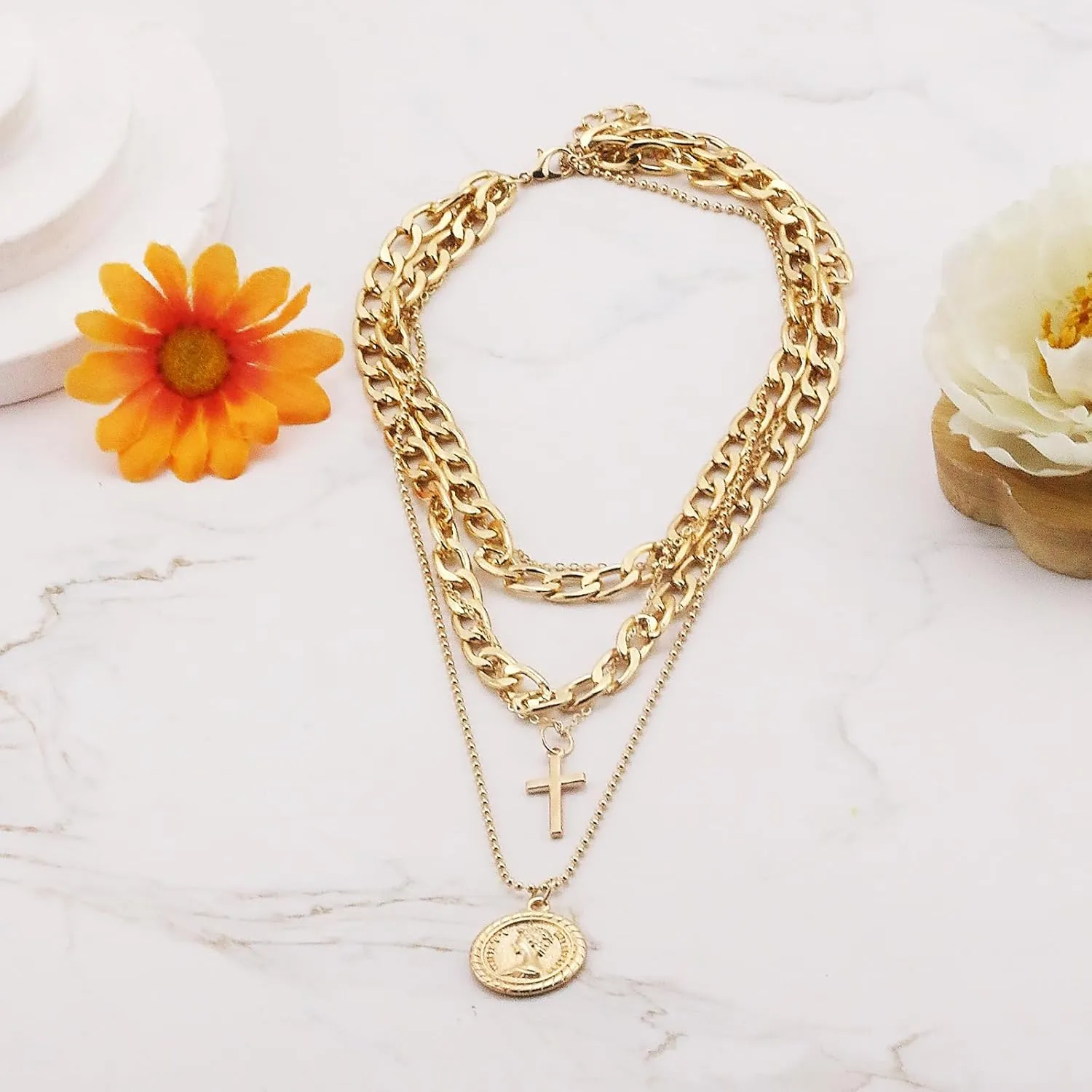 Gold Layered Necklaces for Women Pirate Accessories Necklace Stacked Chunky Gold Necklace Gold Coin Pendant Charm Necklace Women Dainty Choker Necklaces Set Jewelry