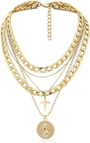 Gold Layered Necklaces for Women Pirate Accessories Necklace Stacked Chunky Gold Necklace Gold Coin Pendant Charm Necklace Women Dainty Choker Necklaces Set Jewelry