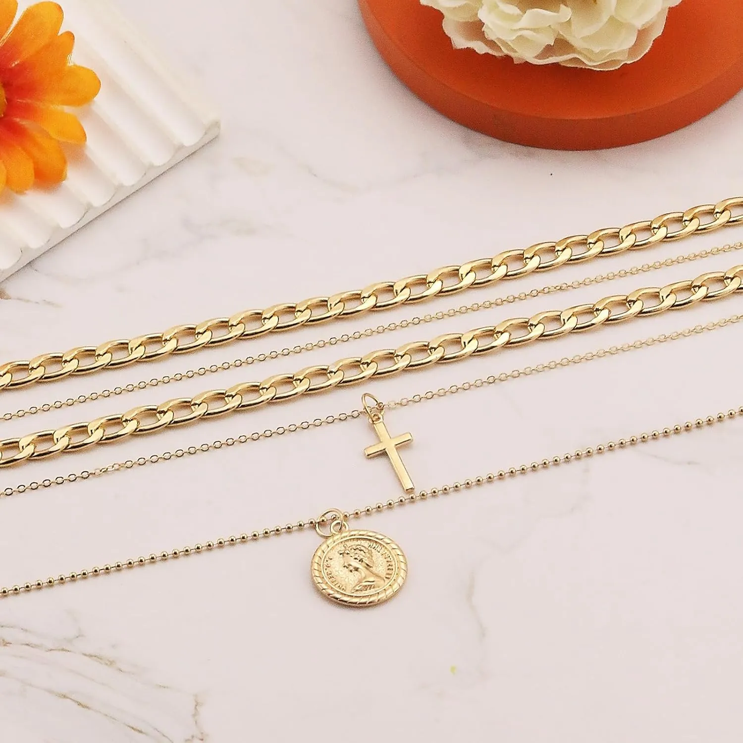 Gold Layered Necklaces for Women Pirate Accessories Necklace Stacked Chunky Gold Necklace Gold Coin Pendant Charm Necklace Women Dainty Choker Necklaces Set Jewelry