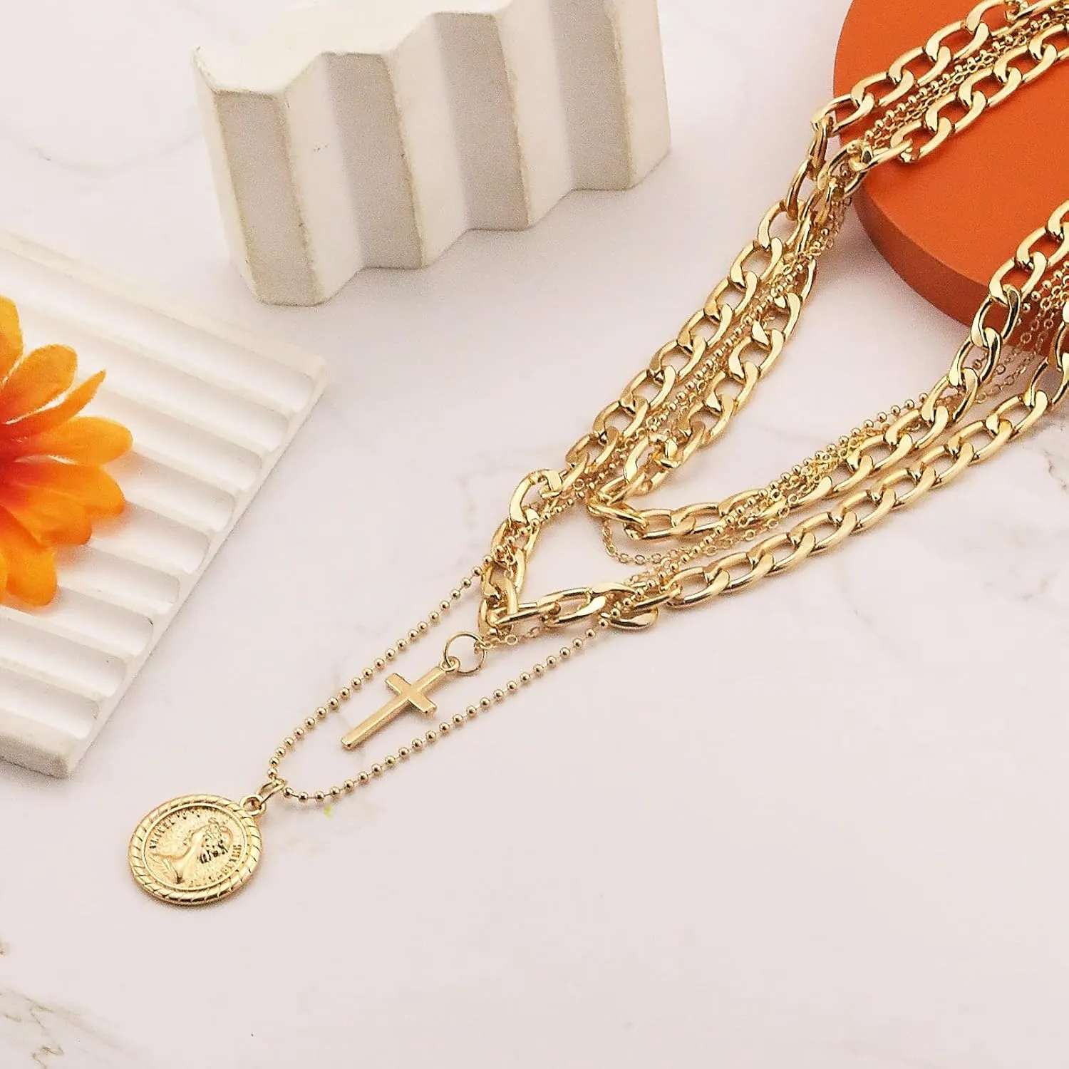 Gold Layered Necklaces for Women Pirate Accessories Necklace Stacked Chunky Gold Necklace Gold Coin Pendant Charm Necklace Women Dainty Choker Necklaces Set Jewelry