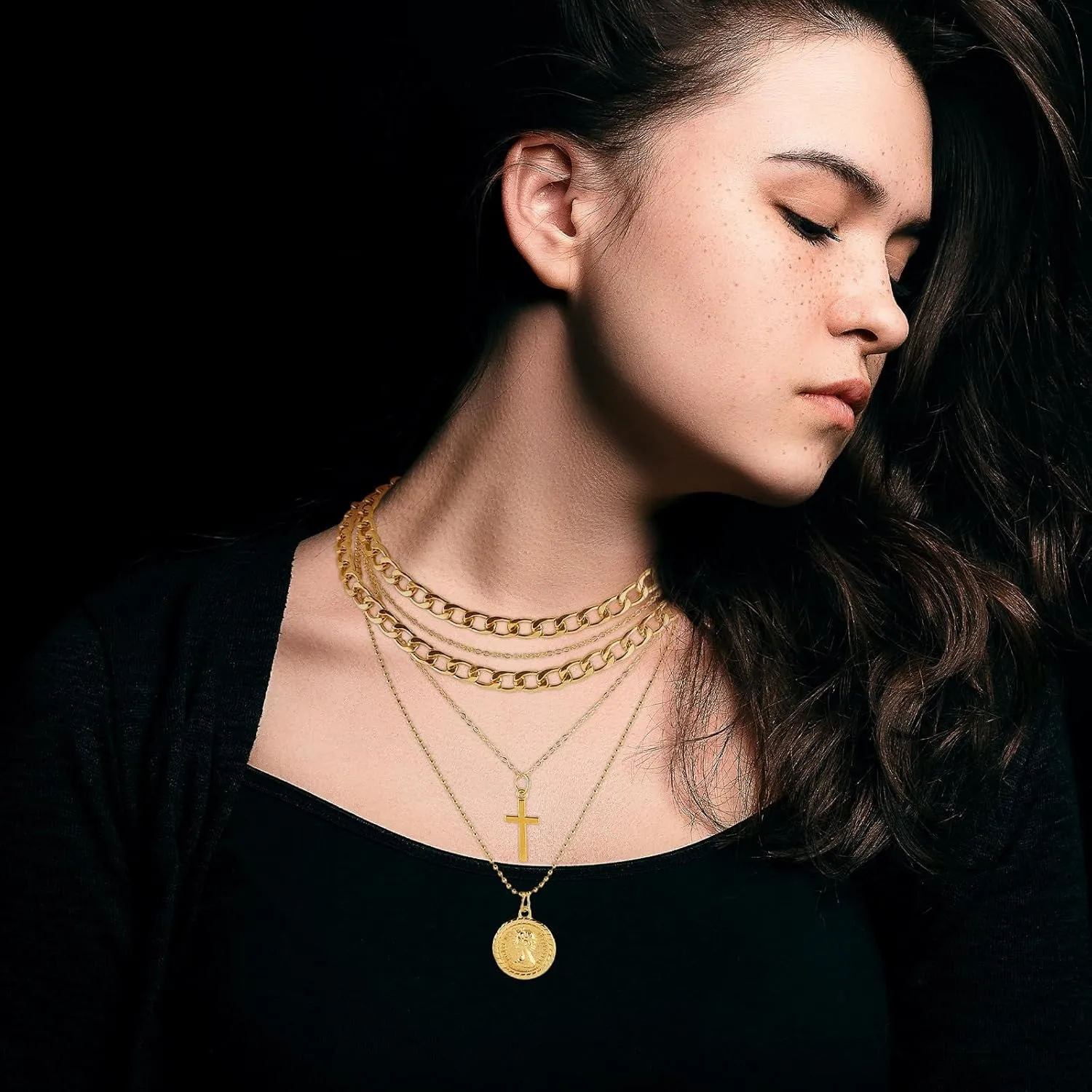 Gold Layered Necklaces for Women Pirate Accessories Necklace Stacked Chunky Gold Necklace Gold Coin Pendant Charm Necklace Women Dainty Choker Necklaces Set Jewelry