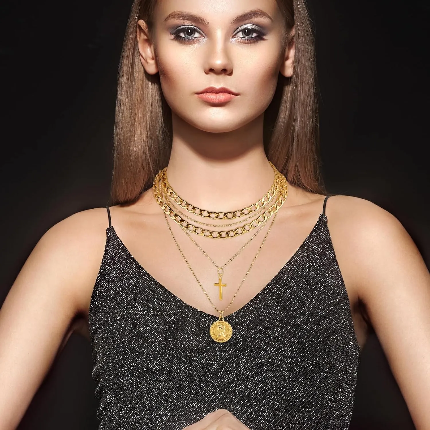 Gold Layered Necklaces for Women Pirate Accessories Necklace Stacked Chunky Gold Necklace Gold Coin Pendant Charm Necklace Women Dainty Choker Necklaces Set Jewelry