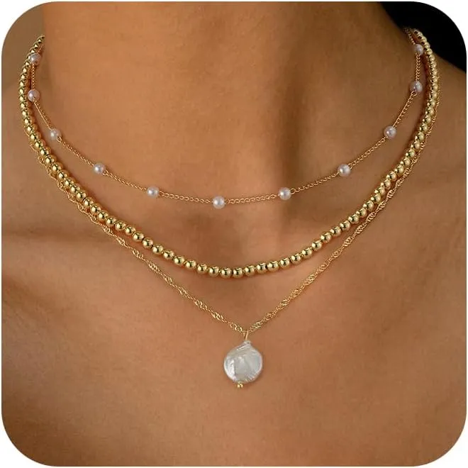 Gold Pearl NecklaceLayered Gold Choker Necklaces for Women Pearl Pendant Necklaces Stackable Stacked Stacking Layering Dainty Gold Necklace Pearl O Chain Necklace Simple Jewelry Gift