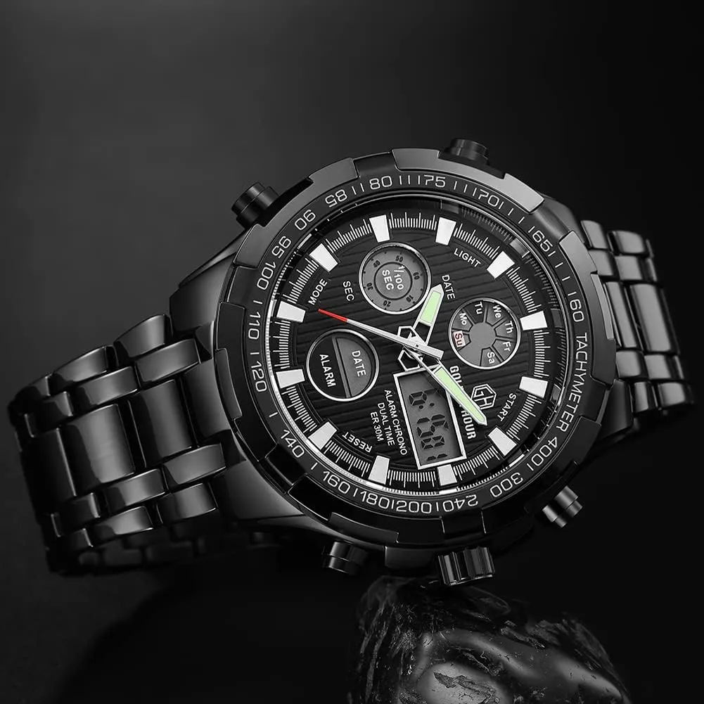 GOLDEN HOUR Luxury Stainless Steel Analog Digital Watches for Men Male Outdoor Sport Waterproof Big Heavy Wristwatch