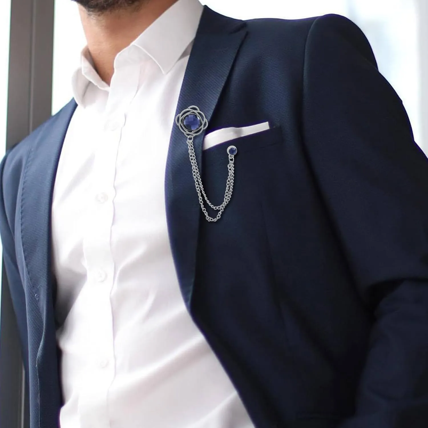 Gold/Silver Crystal Geometry Brooch Lapel Pin for Men Rhinestone With Hanging Chain Brooch for Men Suit Fashion Tuxedo Tie Hat Scarf Collar Pins for Men Women Gifts