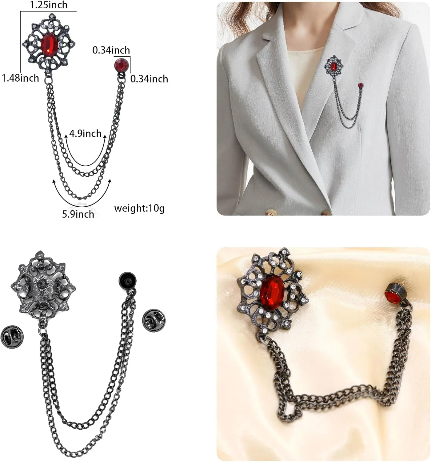 Gold/Silver Crystal Geometry Brooch Lapel Pin for Men Rhinestone With Hanging Chain Brooch for Men Suit Fashion Tuxedo Tie Hat Scarf Collar Pins for Men Women Gifts