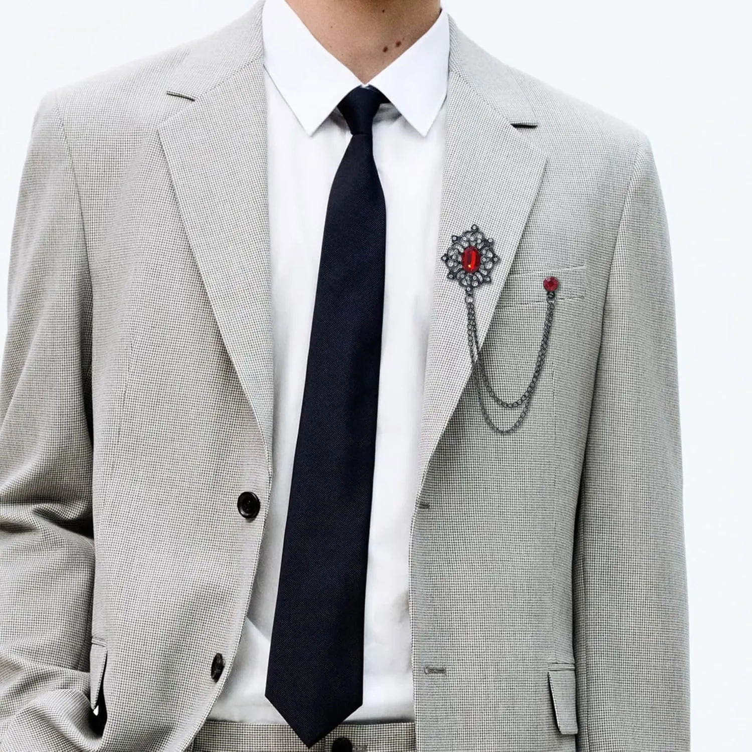 Gold/Silver Crystal Geometry Brooch Lapel Pin for Men Rhinestone With Hanging Chain Brooch for Men Suit Fashion Tuxedo Tie Hat Scarf Collar Pins for Men Women Gifts