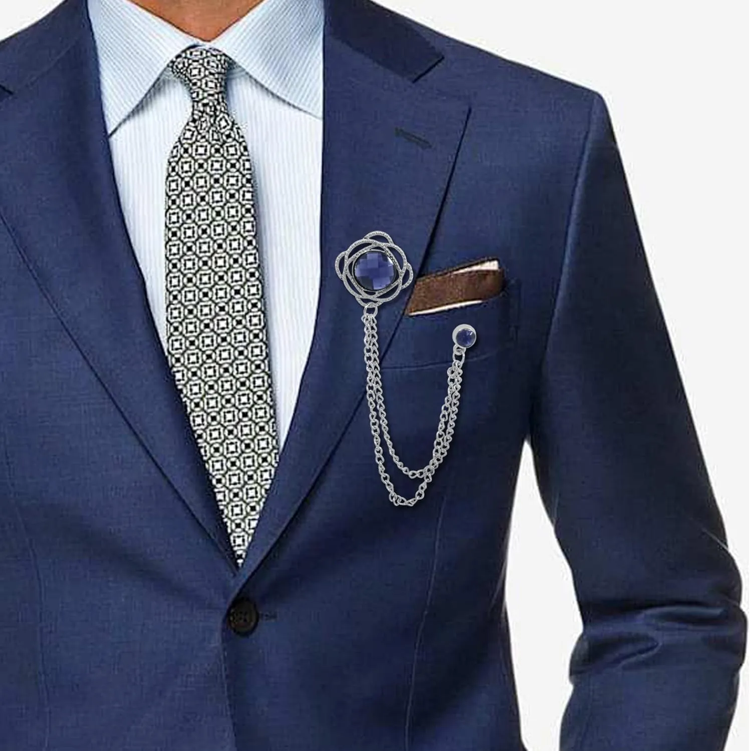 Gold/Silver Crystal Geometry Brooch Lapel Pin for Men Rhinestone With Hanging Chain Brooch for Men Suit Fashion Tuxedo Tie Hat Scarf Collar Pins for Men Women Gifts