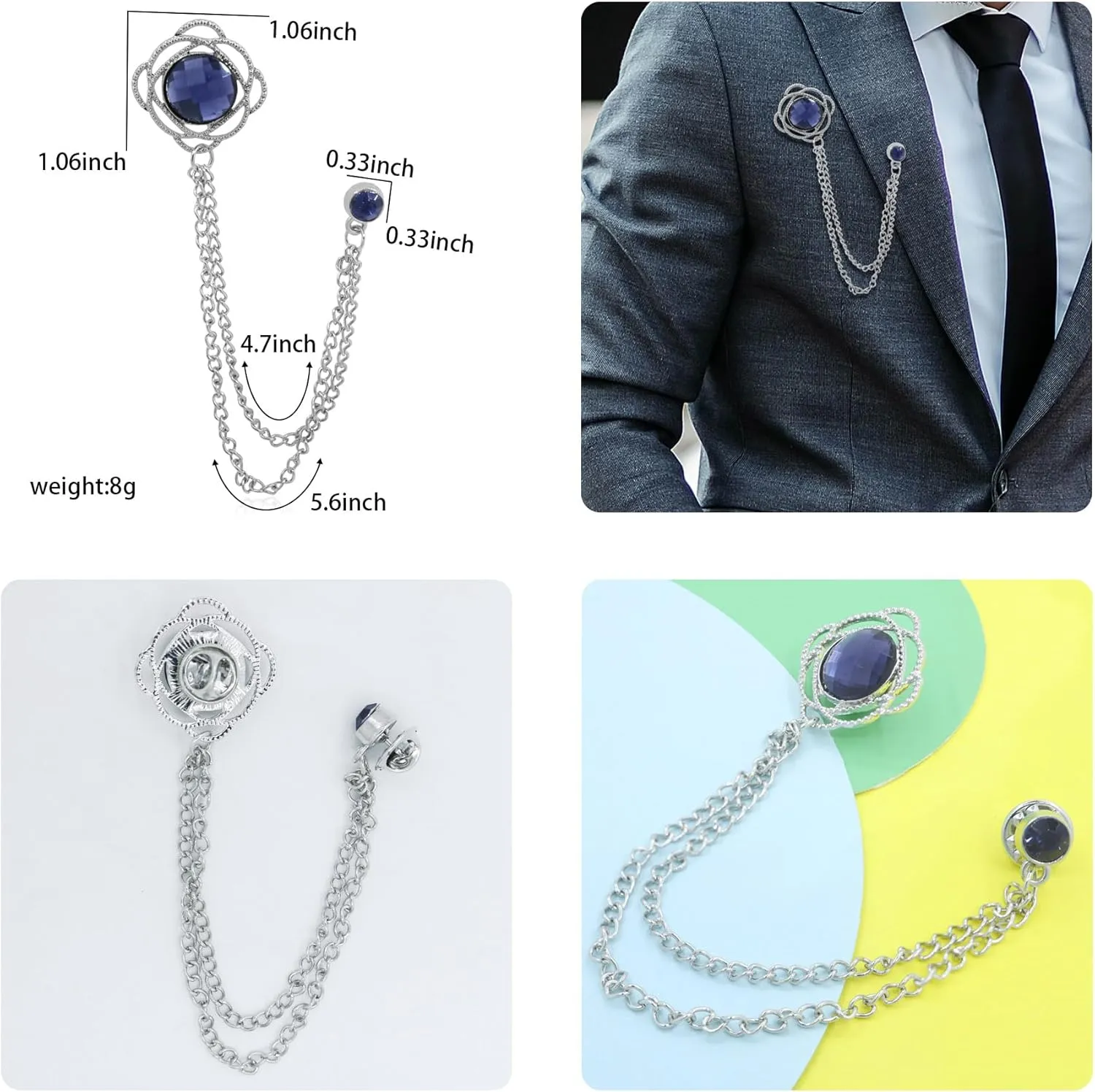 Gold/Silver Crystal Geometry Brooch Lapel Pin for Men Rhinestone With Hanging Chain Brooch for Men Suit Fashion Tuxedo Tie Hat Scarf Collar Pins for Men Women Gifts