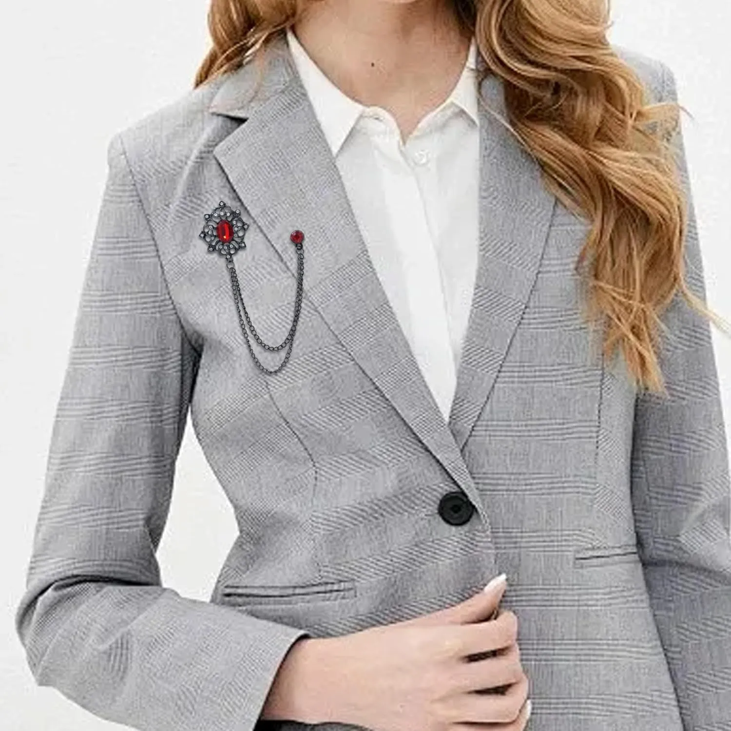 Gold/Silver Crystal Geometry Brooch Lapel Pin for Men Rhinestone With Hanging Chain Brooch for Men Suit Fashion Tuxedo Tie Hat Scarf Collar Pins for Men Women Gifts