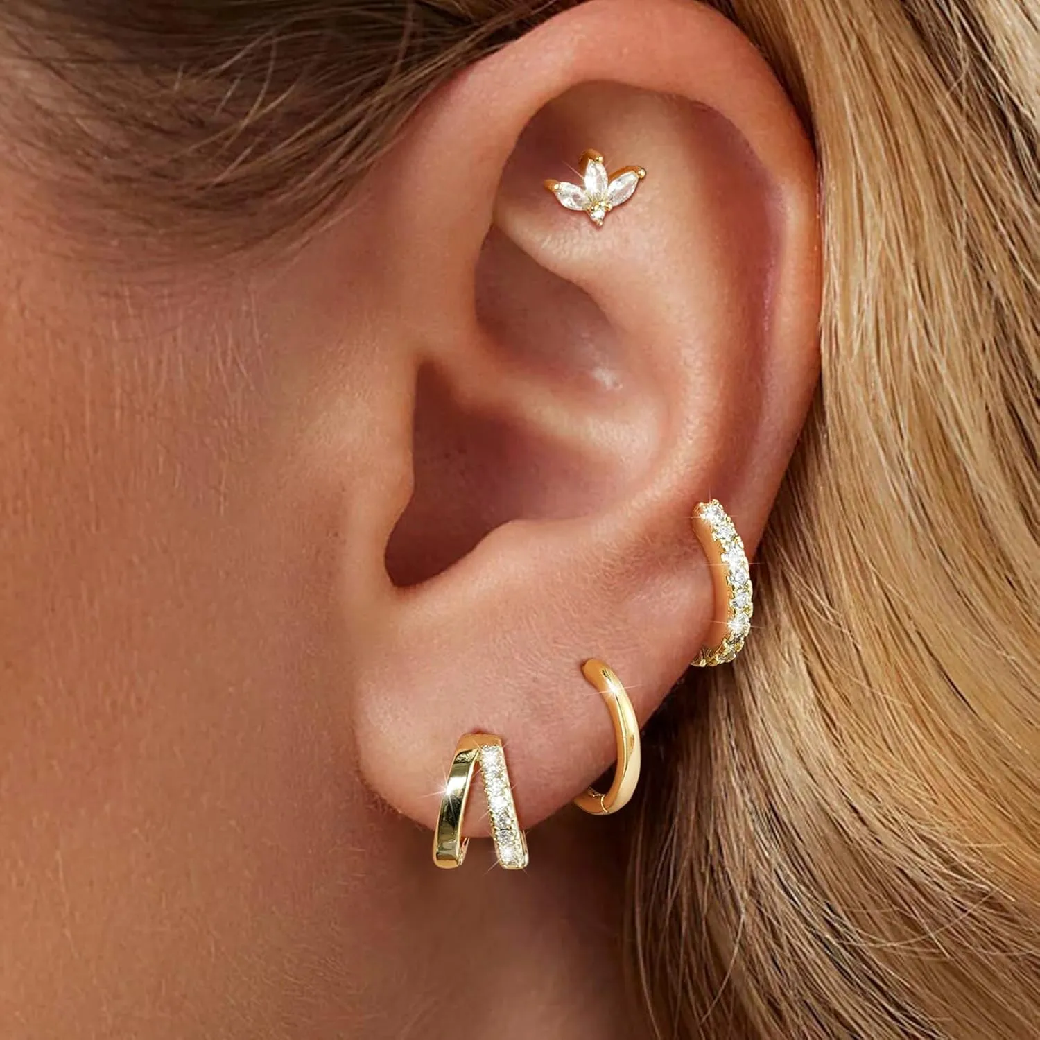 Gold/Silver Small Hoop Earrings Set for Women,14K Gold/Silver Plated Hypoallergenic Small Chunky Huggie Double Hoop Earrings For Women,Stud Earrings,Gold Pearl Dangle Hoop Earrings Set Jewelry For Gifts