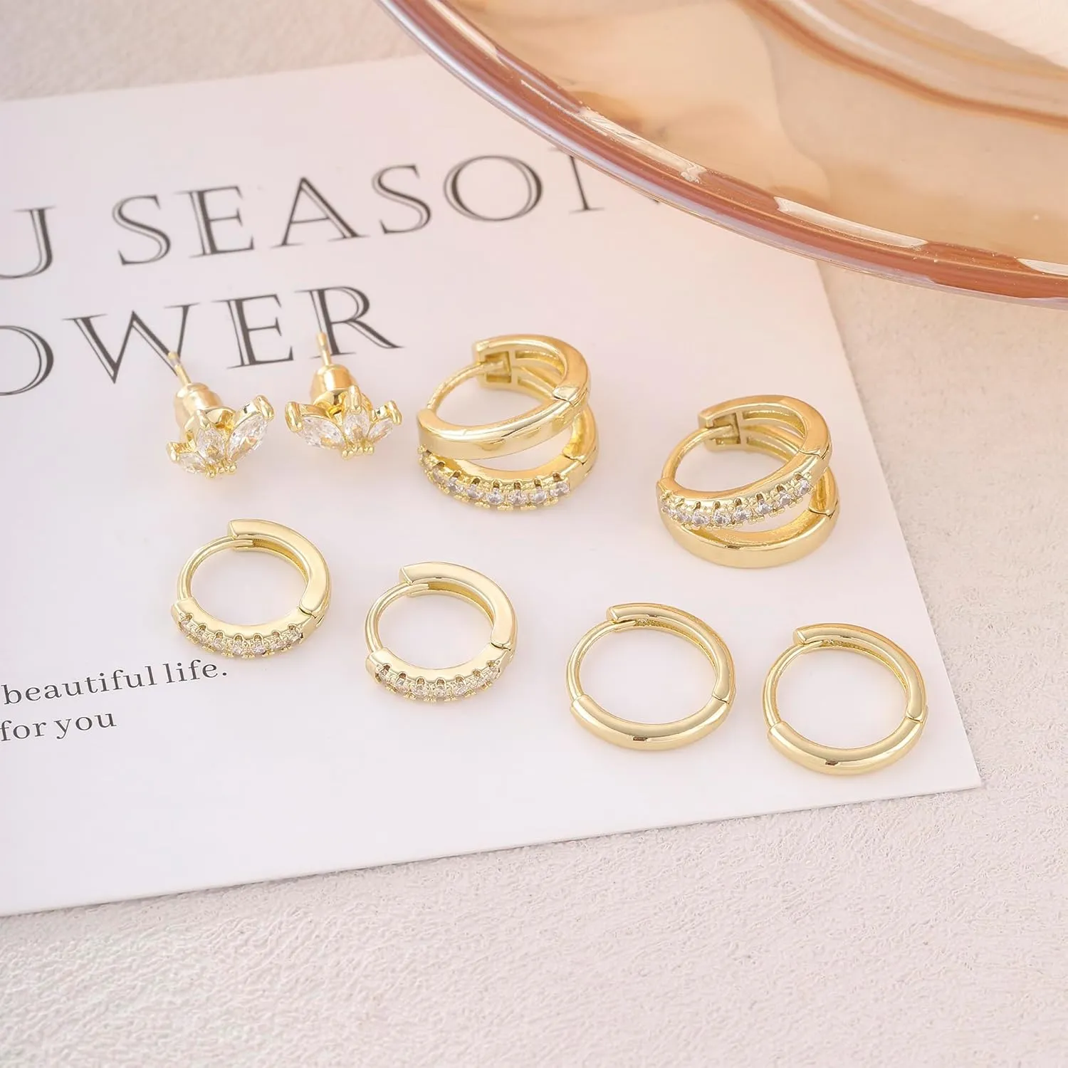 Gold/Silver Small Hoop Earrings Set for Women,14K Gold/Silver Plated Hypoallergenic Small Chunky Huggie Double Hoop Earrings For Women,Stud Earrings,Gold Pearl Dangle Hoop Earrings Set Jewelry For Gifts