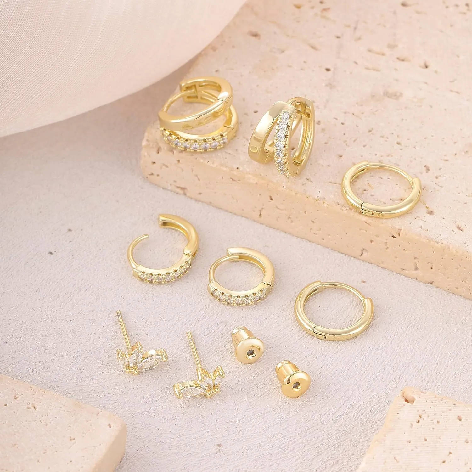 Gold/Silver Small Hoop Earrings Set for Women,14K Gold/Silver Plated Hypoallergenic Small Chunky Huggie Double Hoop Earrings For Women,Stud Earrings,Gold Pearl Dangle Hoop Earrings Set Jewelry For Gifts