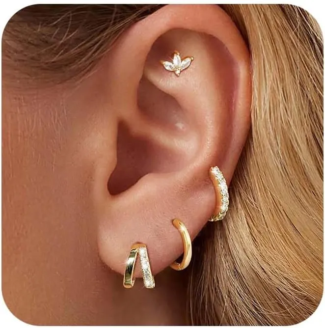 Gold/Silver Small Hoop Earrings Set for Women,14K Gold/Silver Plated Hypoallergenic Small Chunky Huggie Double Hoop Earrings For Women,Stud Earrings,Gold Pearl Dangle Hoop Earrings Set Jewelry For Gifts