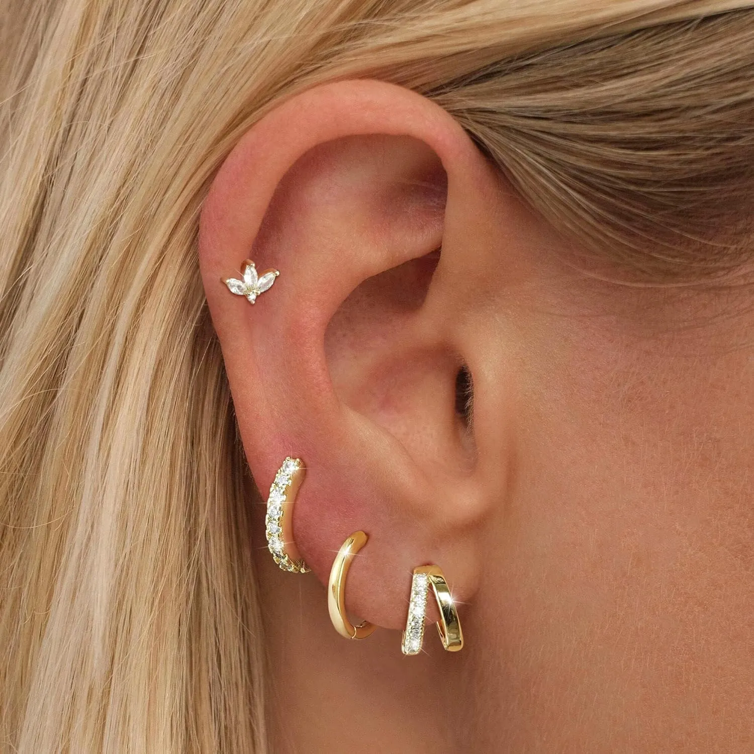 Gold/Silver Small Hoop Earrings Set for Women,14K Gold/Silver Plated Hypoallergenic Small Chunky Huggie Double Hoop Earrings For Women,Stud Earrings,Gold Pearl Dangle Hoop Earrings Set Jewelry For Gifts