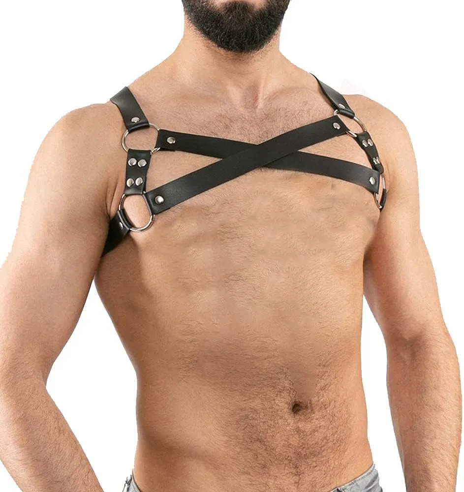 Goobester Black Leather Harness Men Chest Punk Body Bondage Costume Club Straps Top