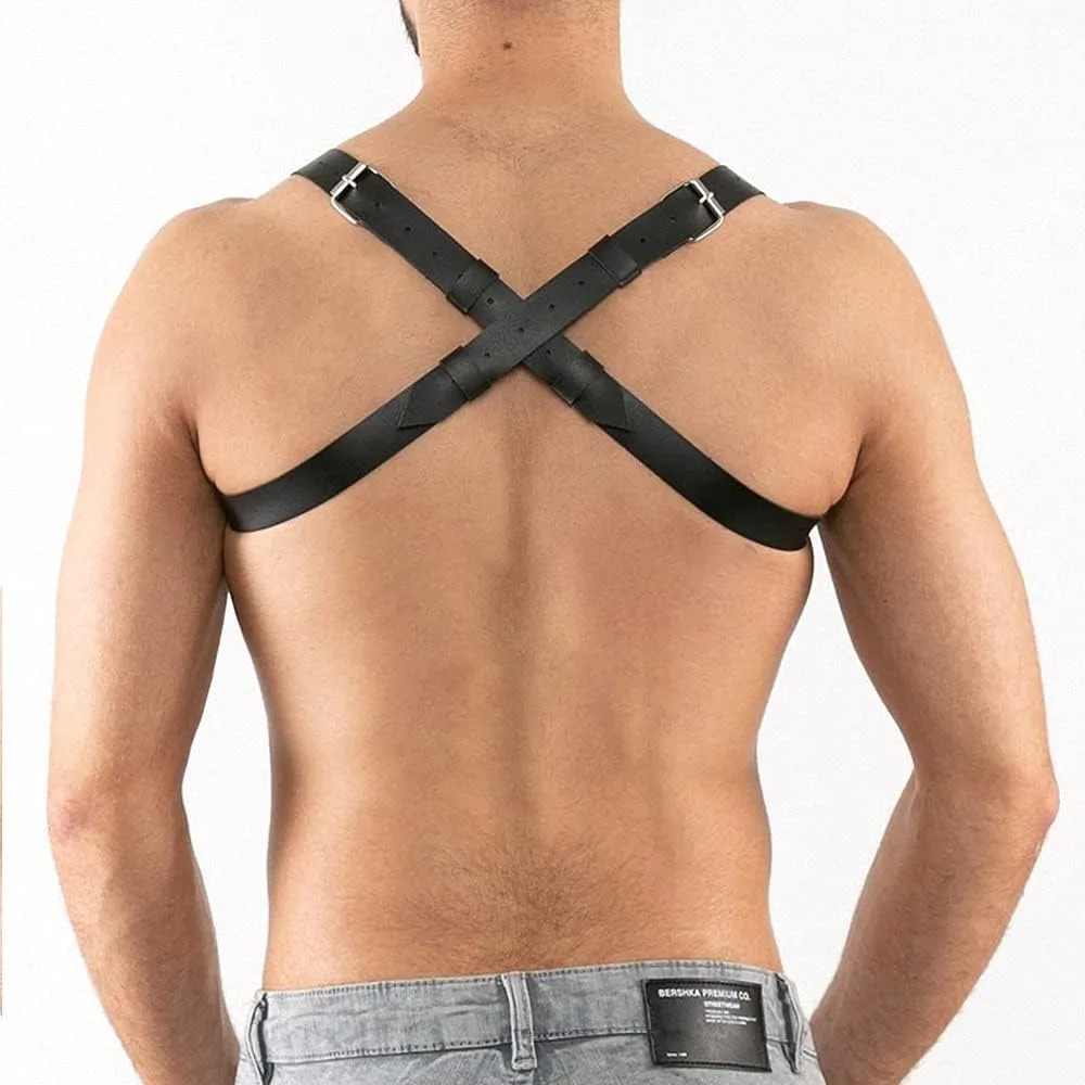 Goobester Black Leather Harness Men Chest Punk Body Bondage Costume Club Straps Top
