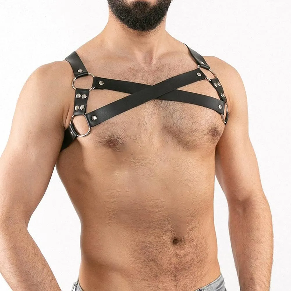 Goobester Black Leather Harness Men Chest Punk Body Bondage Costume Club Straps Top