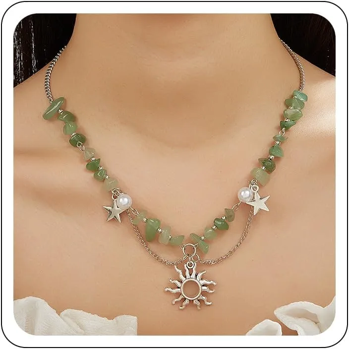 Gothic Boho Sun Necklace Hippie Sun Choker Necklace Nature Healing Crystal Necklaces Goth Jewelry for Women Prom Party Outfit Accessories