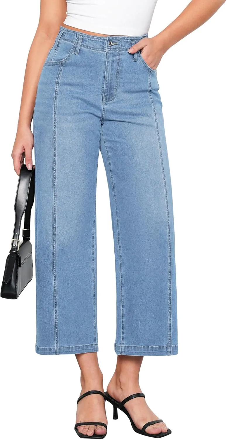 GRAPENT Wide Leg Jeans Woman Trendy Cropped High Waisted Front Seam Casual Stretchy Denim Trouser Jeans with Pockets