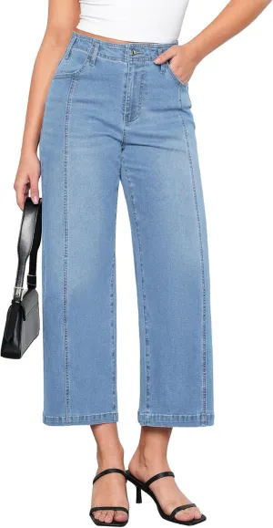 GRAPENT Wide Leg Jeans Woman Trendy Cropped High Waisted Front Seam Casual Stretchy Denim Trouser Jeans with Pockets