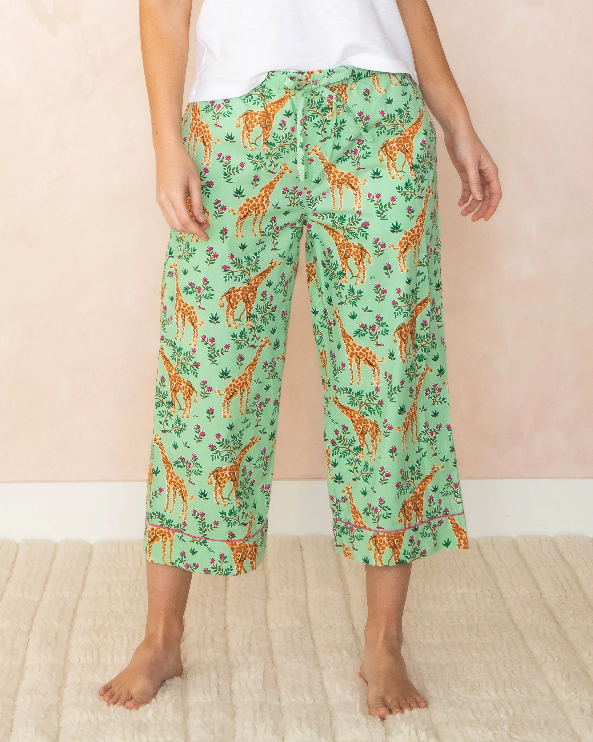 Grazing Giraffes - Cropped Pajama Pants - Sage