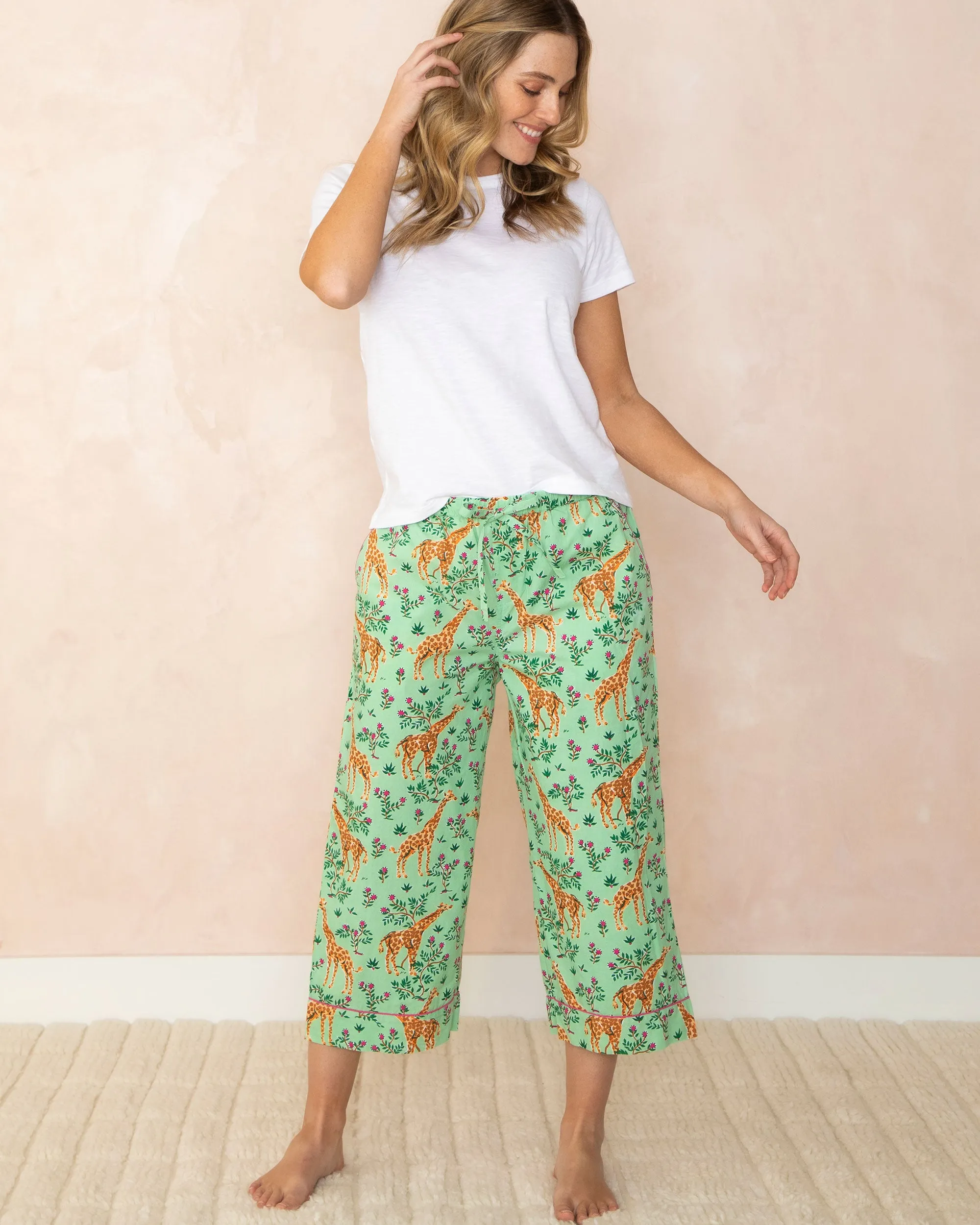 Grazing Giraffes - Cropped Pajama Pants - Sage