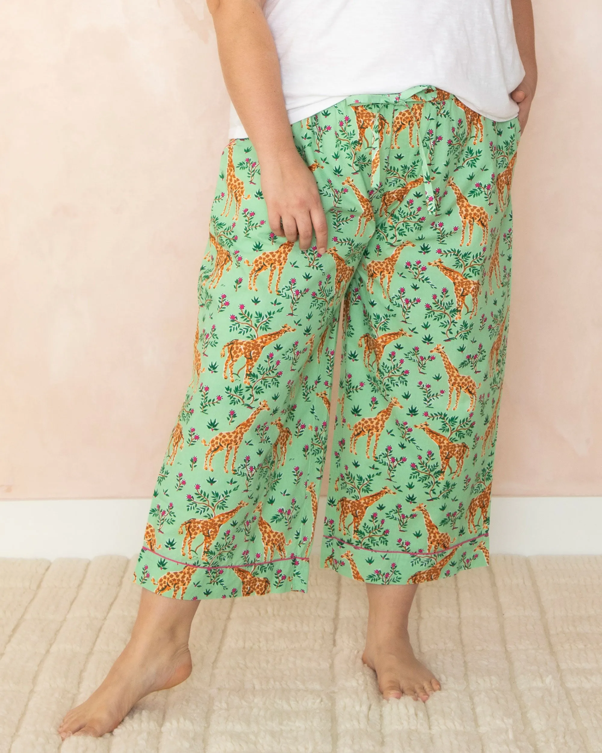 Grazing Giraffes - Cropped Pajama Pants - Sage