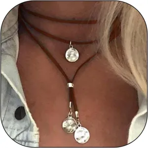 Harry and Henry Boho Necklaces for Women Western Jewelry Black Brown Suede Choker Necklace Boho Long Layered Necklaces Disc Charm Cowgirl Necklace Accessories Country Concert Outfit for Women