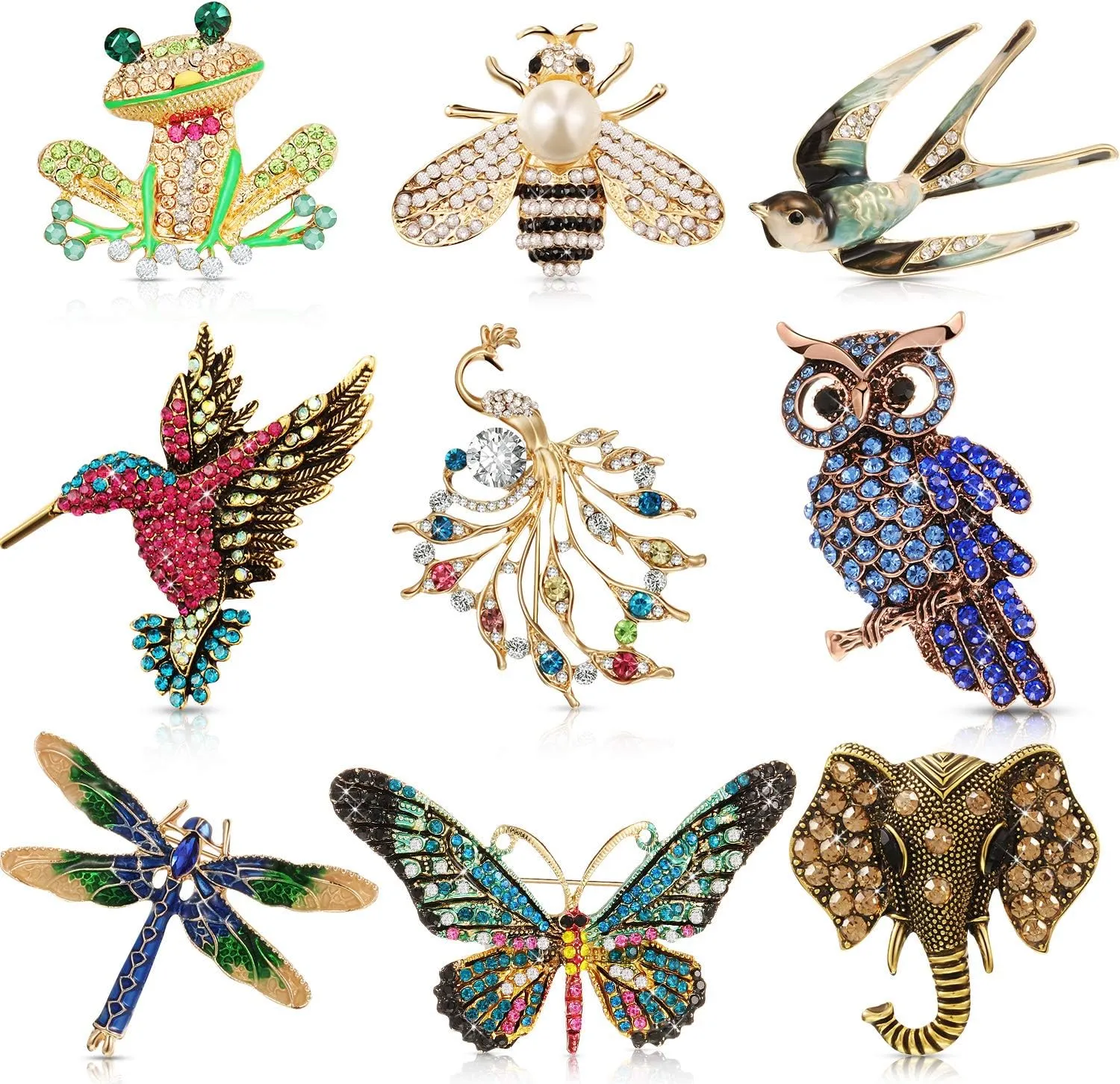 Hicarer 9 Pcs Animal Brooch Pins Brooches for Women Vintage Rhinestone Crystal Pin Hummingbird Butterfly Owl Elephant Dragonfly Peacock Retro Pin Jewelry for CNA Nurse Graduation Gifts