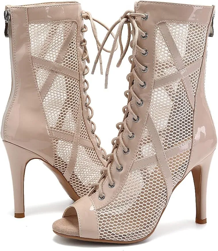 HIPPOSEUS Women's Latin Dance Shoes Peep Toe Ballroom Salsa Jazz Dance Heels Zip Ankle Dance Boots,Model K99
