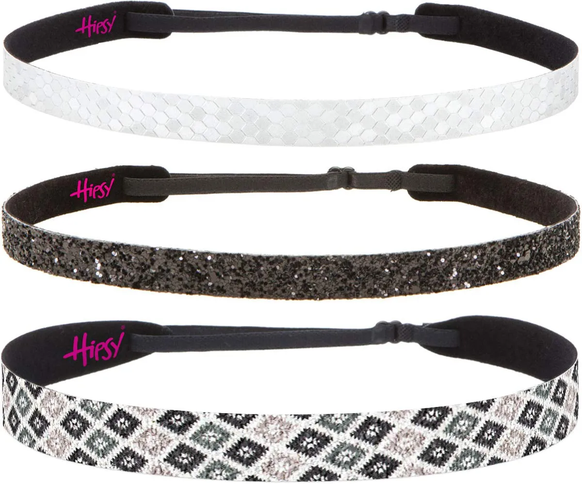 Hipsy Cute Fashion Adjustable No Slip Hairband Headbands for Women Girls & Teens (Black & Grey Flame Stitch 3pk)