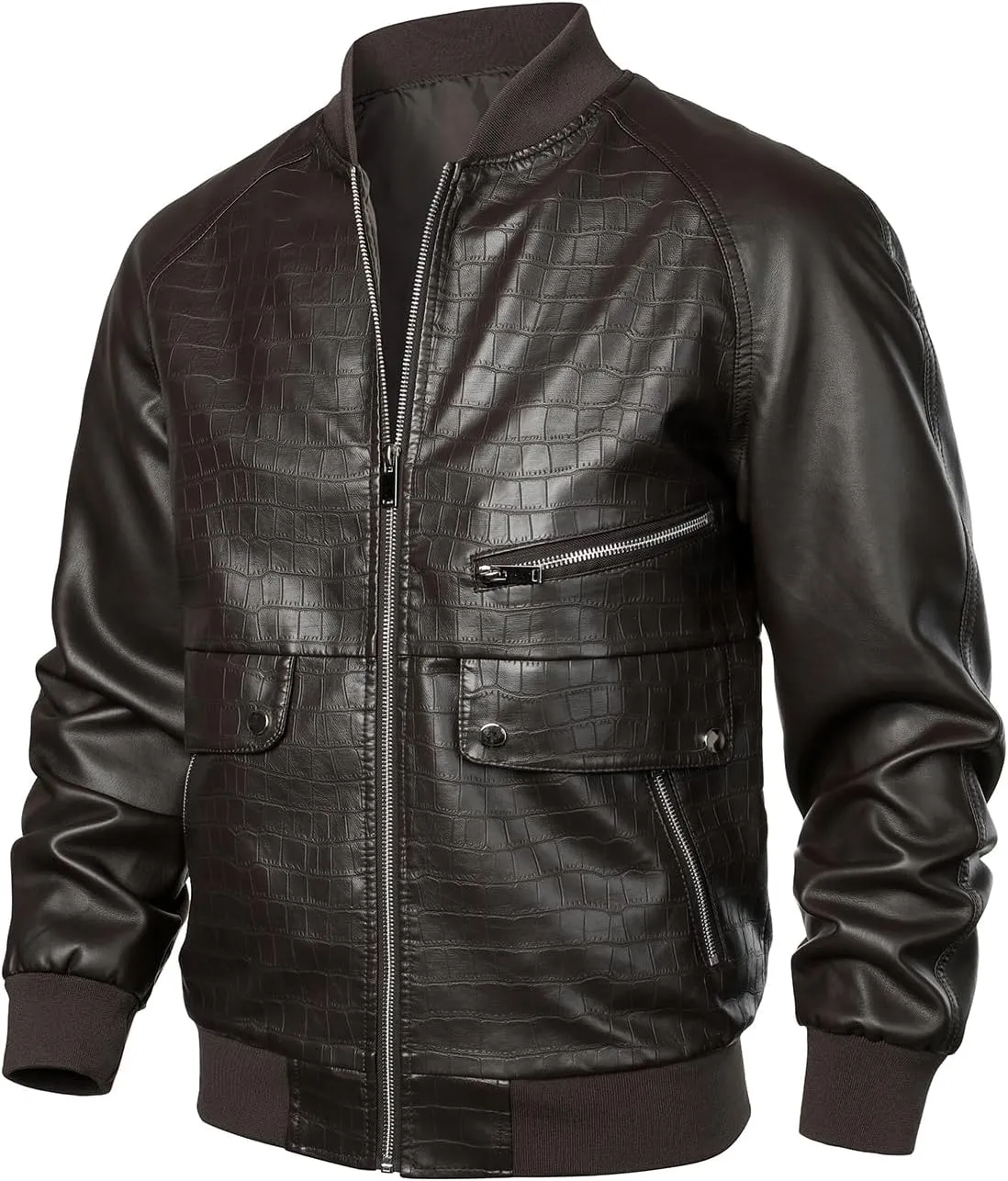 HOOD CREW Mens Stand Collar Leather Jacket Stylish Design Lightweight Faux Leather Varsity Bomber Jackets
