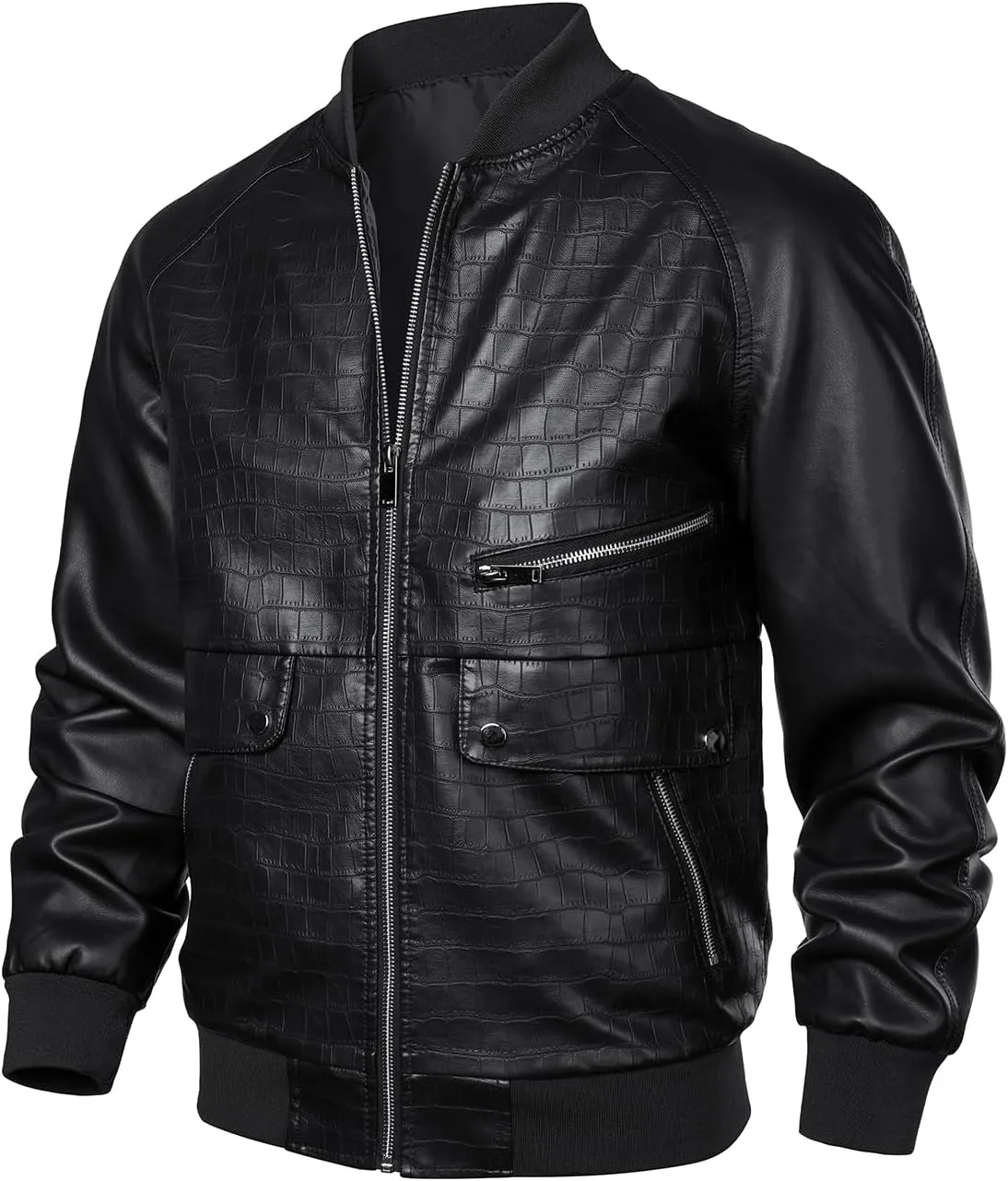 HOOD CREW Mens Stand Collar Leather Jacket Stylish Design Lightweight Faux Leather Varsity Bomber Jackets