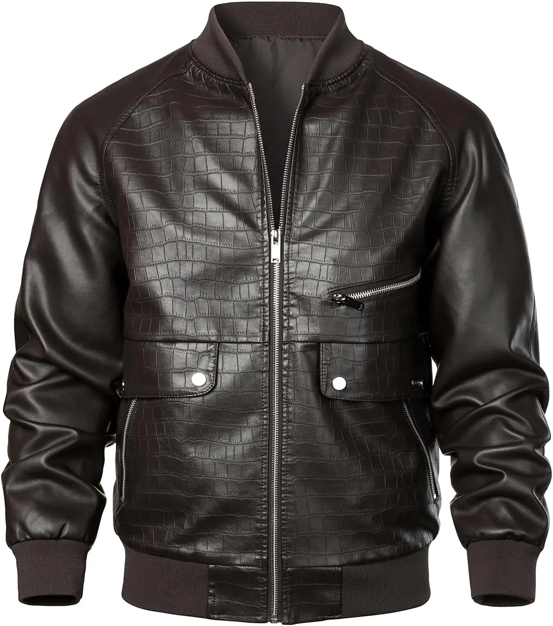 HOOD CREW Mens Stand Collar Leather Jacket Stylish Design Lightweight Faux Leather Varsity Bomber Jackets