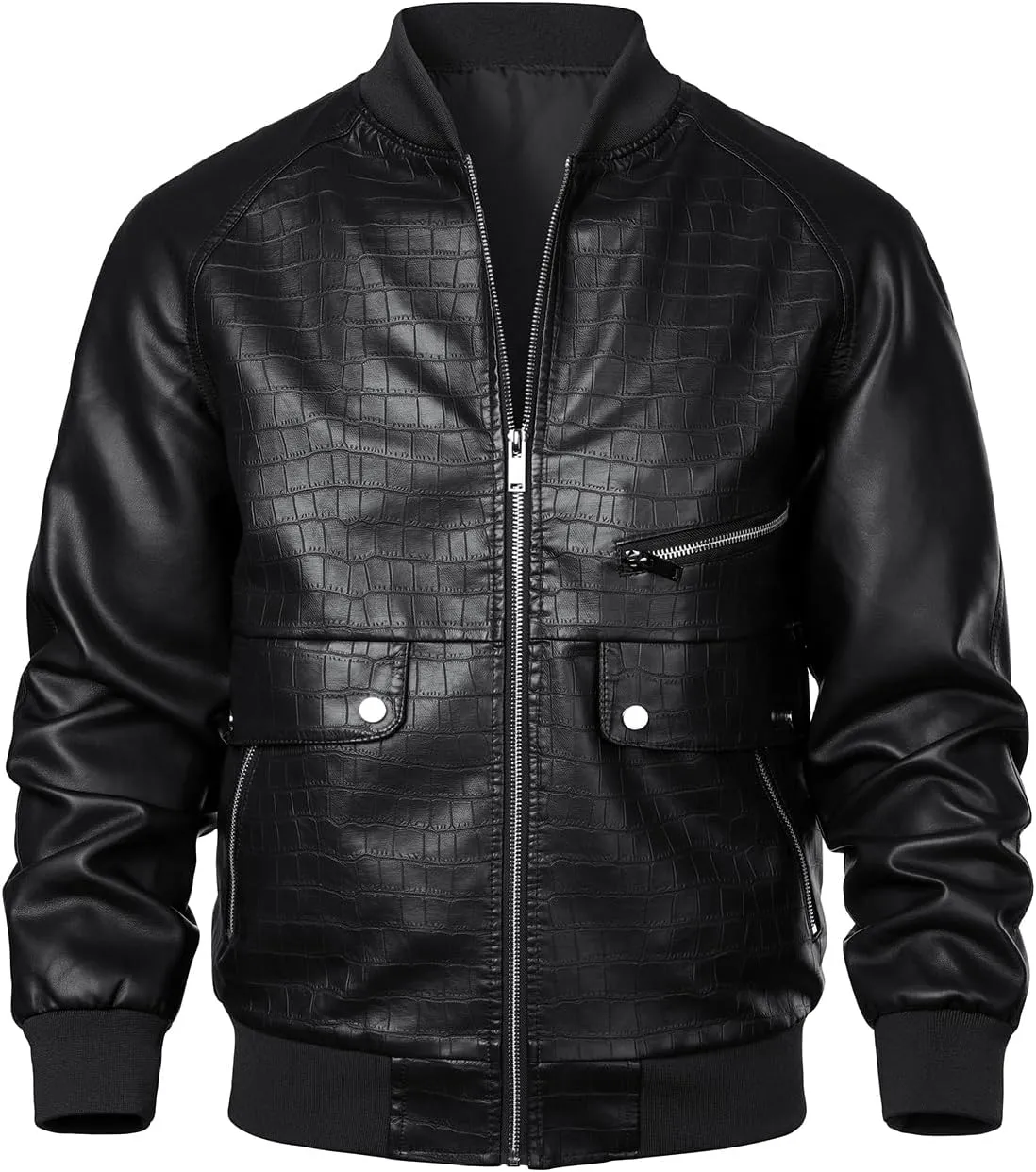 HOOD CREW Mens Stand Collar Leather Jacket Stylish Design Lightweight Faux Leather Varsity Bomber Jackets