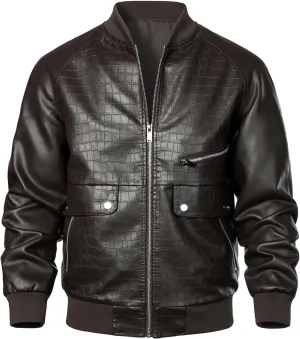 HOOD CREW Mens Stand Collar Leather Jacket Stylish Design Lightweight Faux Leather Varsity Bomber Jackets