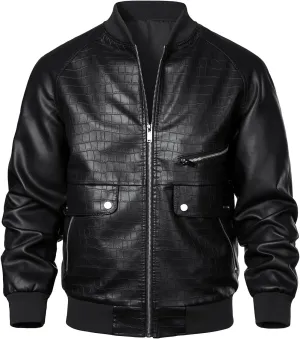 HOOD CREW Mens Stand Collar Leather Jacket Stylish Design Lightweight Faux Leather Varsity Bomber Jackets