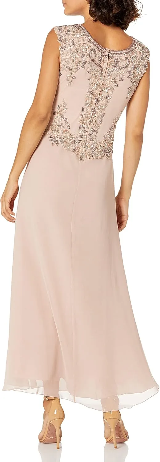 J Kara Women's Petite Cap Sleeve Beaded Top Long Dress