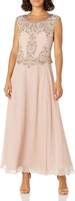 J Kara Women's Petite Cap Sleeve Beaded Top Long Dress