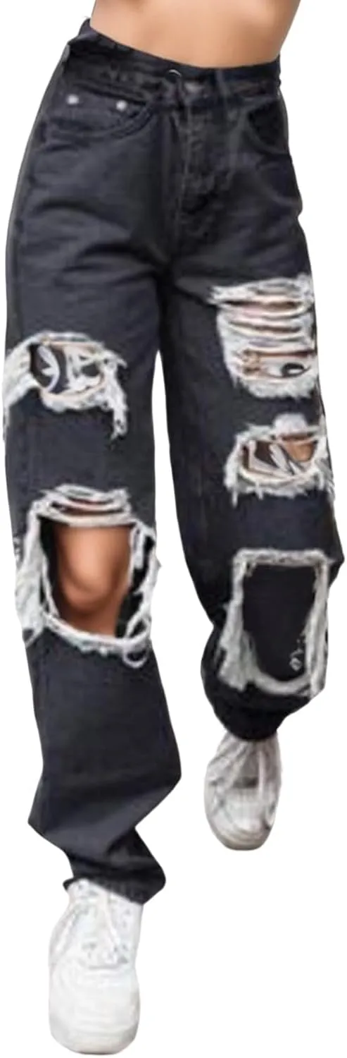 Jeans For Women High Waist Denim Elastic Waist Trousers Button Jeans Hole High Pants Pocket White Pants Women