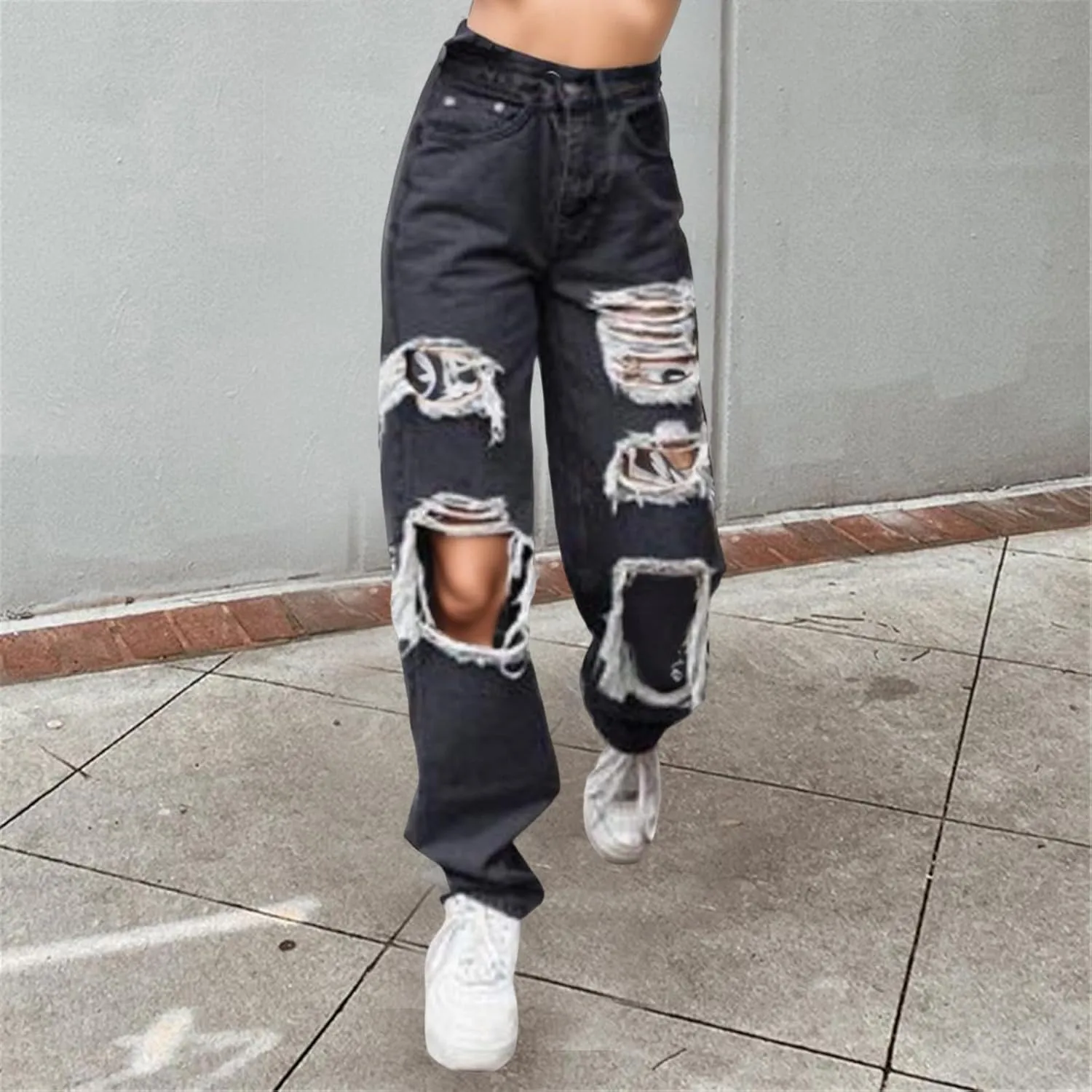 Jeans For Women High Waist Denim Elastic Waist Trousers Button Jeans Hole High Pants Pocket White Pants Women