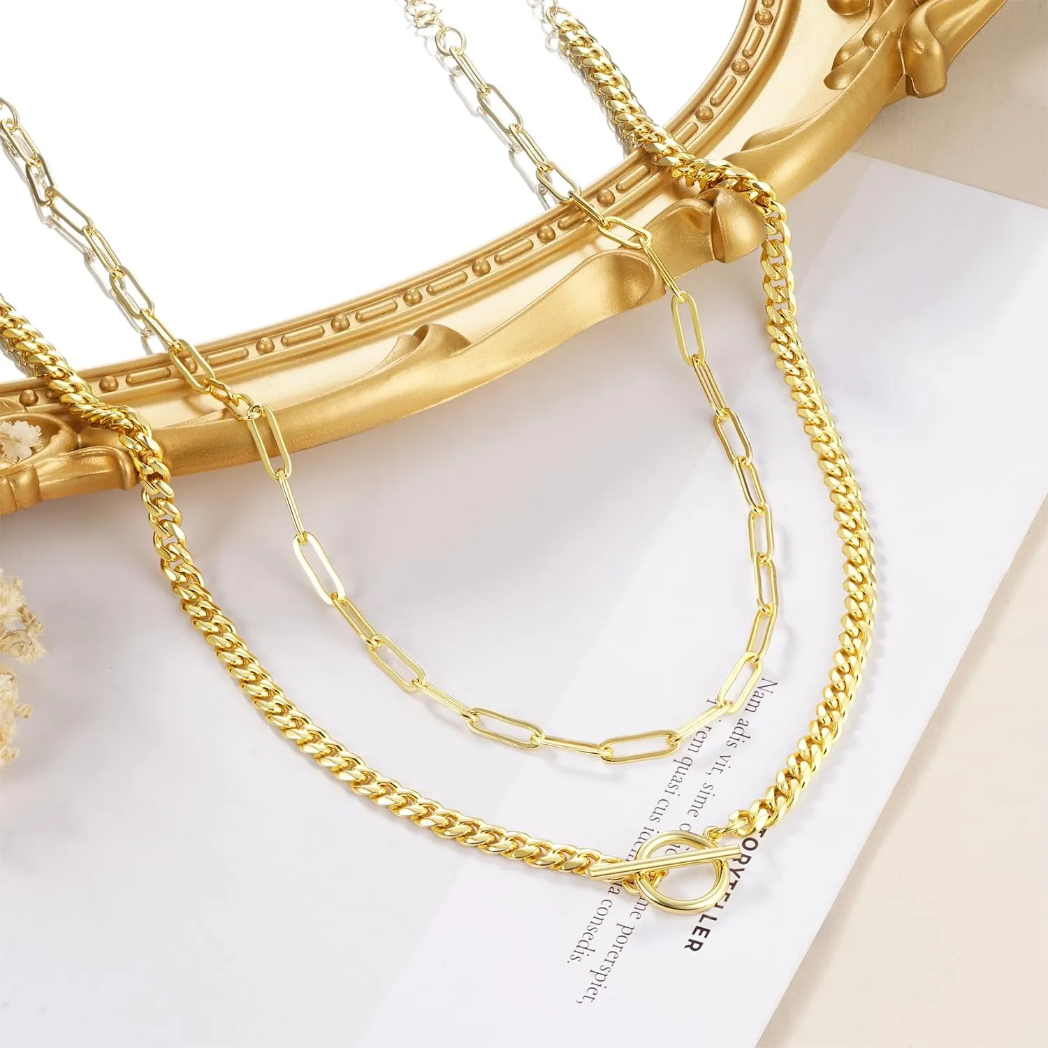 Jewlpire Gold Layered Necklaces for Women, Non Tarnish 14K Gold Chain Necklace Women Trendy Herringbone Necklace Paperclip Chain Toggle Clasp Necklace Fashion Gold Jewelry Gift for Women