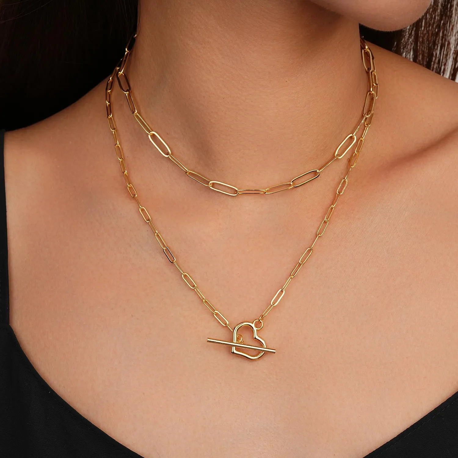 Jewlpire Gold Layered Necklaces for Women, Non Tarnish 14K Gold Chain Necklace Women Trendy Herringbone Necklace Paperclip Chain Toggle Clasp Necklace Fashion Gold Jewelry Gift for Women